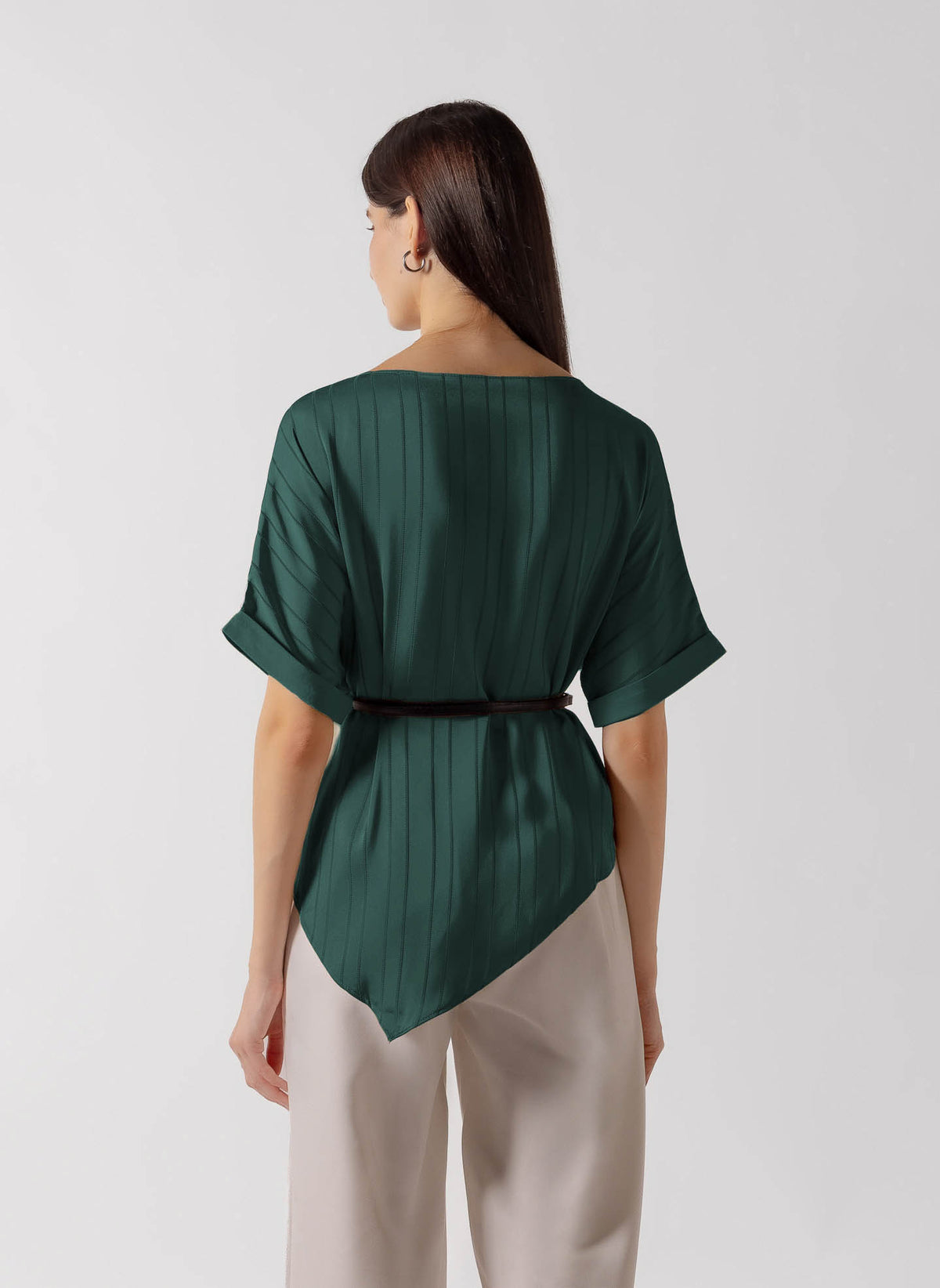 BELTED BOAT NECK SATIN DRAPED TOP