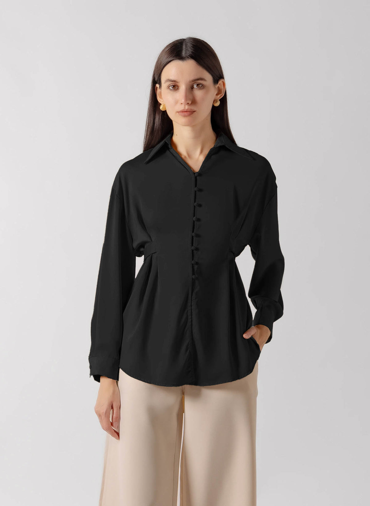 TIE DETAIL BUTTON DOWN SATIN SHIRT