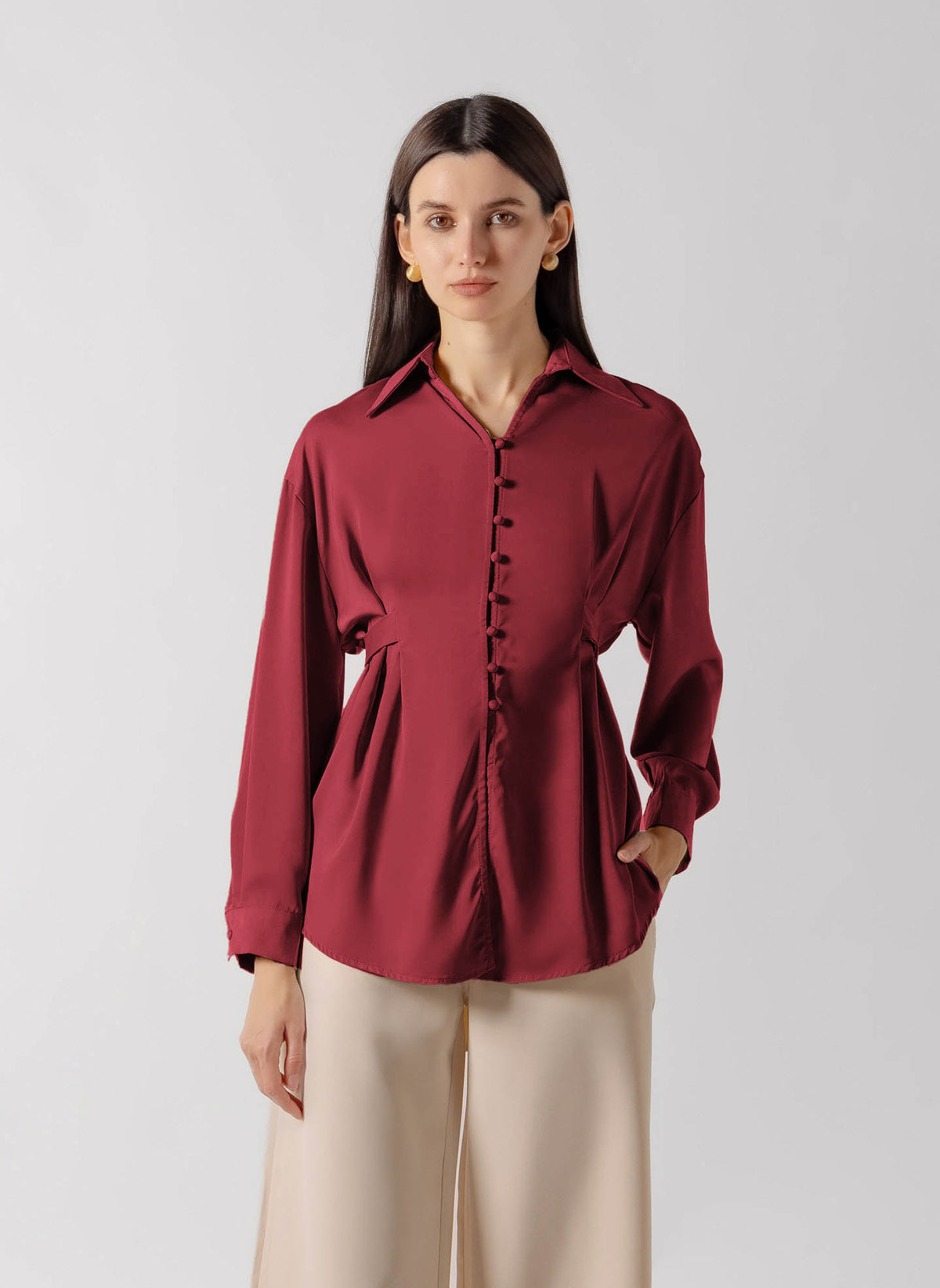 TIE DETAIL BUTTON DOWN SATIN SHIRT