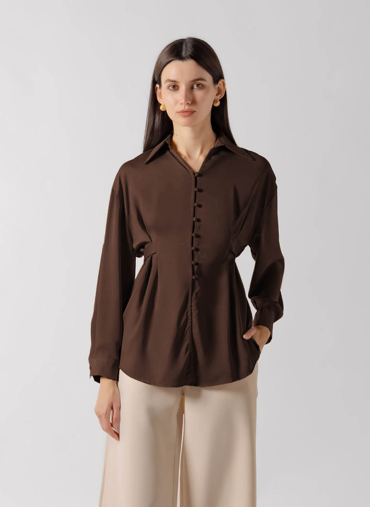 TIE DETAIL BUTTON DOWN SATIN SHIRT