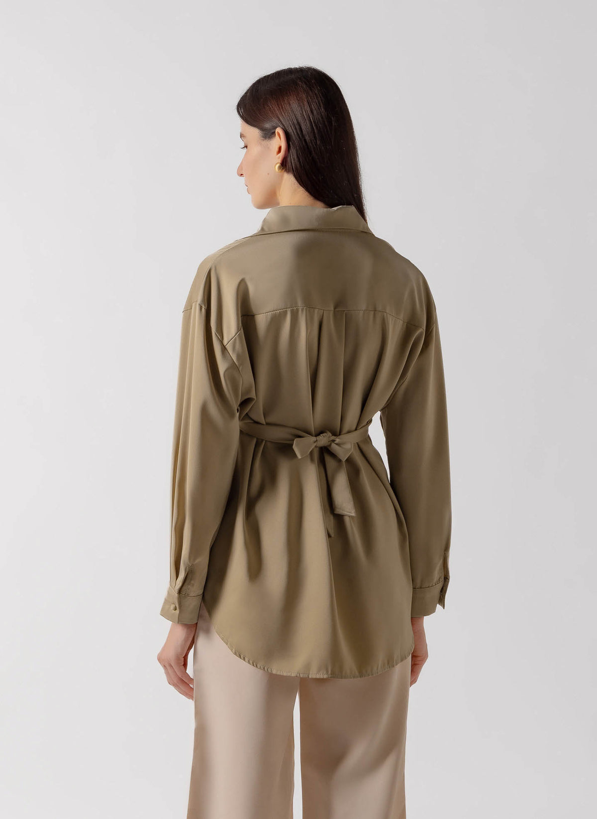 TIE DETAIL BUTTON DOWN SATIN SHIRT