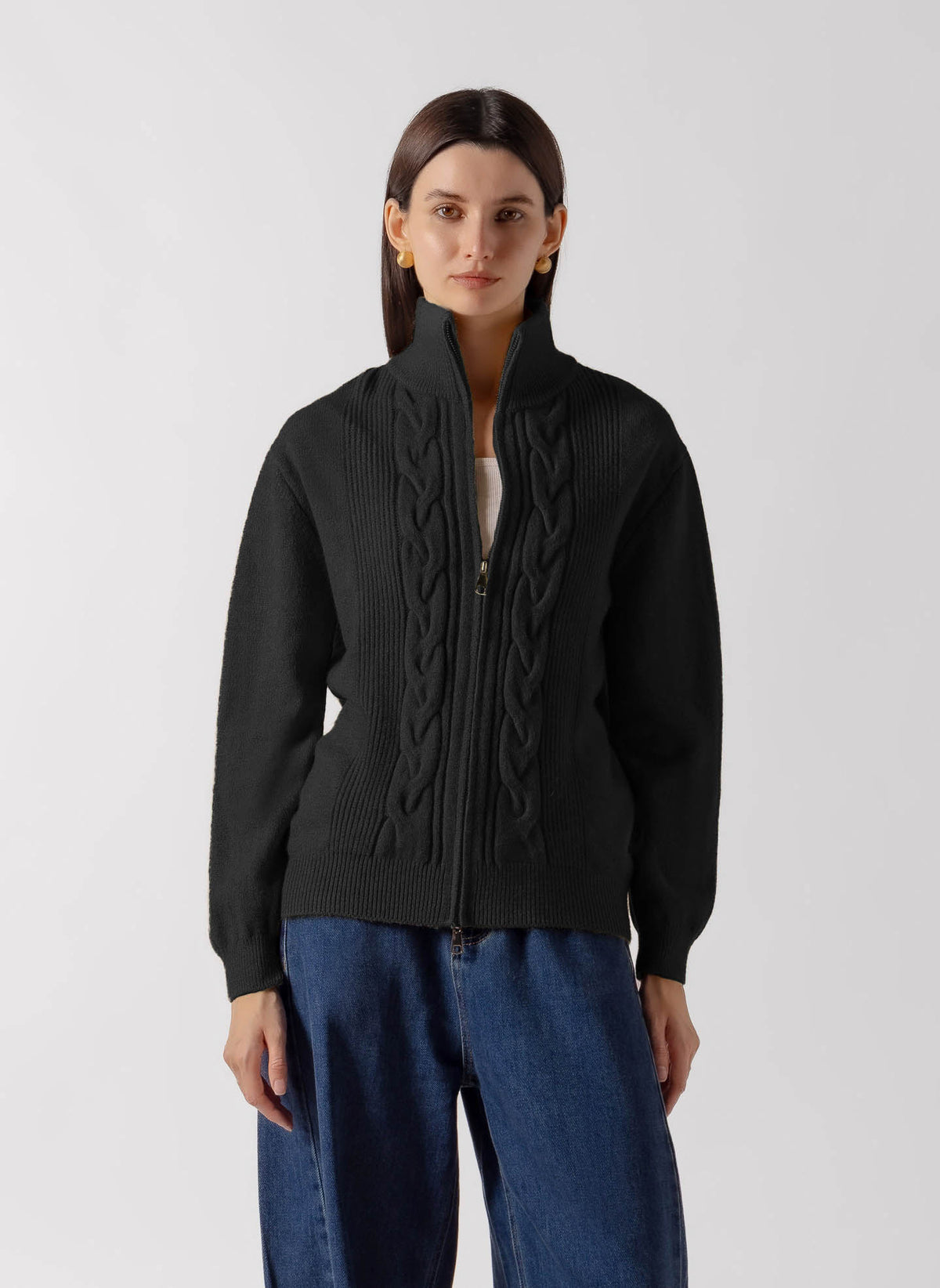 RIBBED CABLE ZIP CARDIGAN