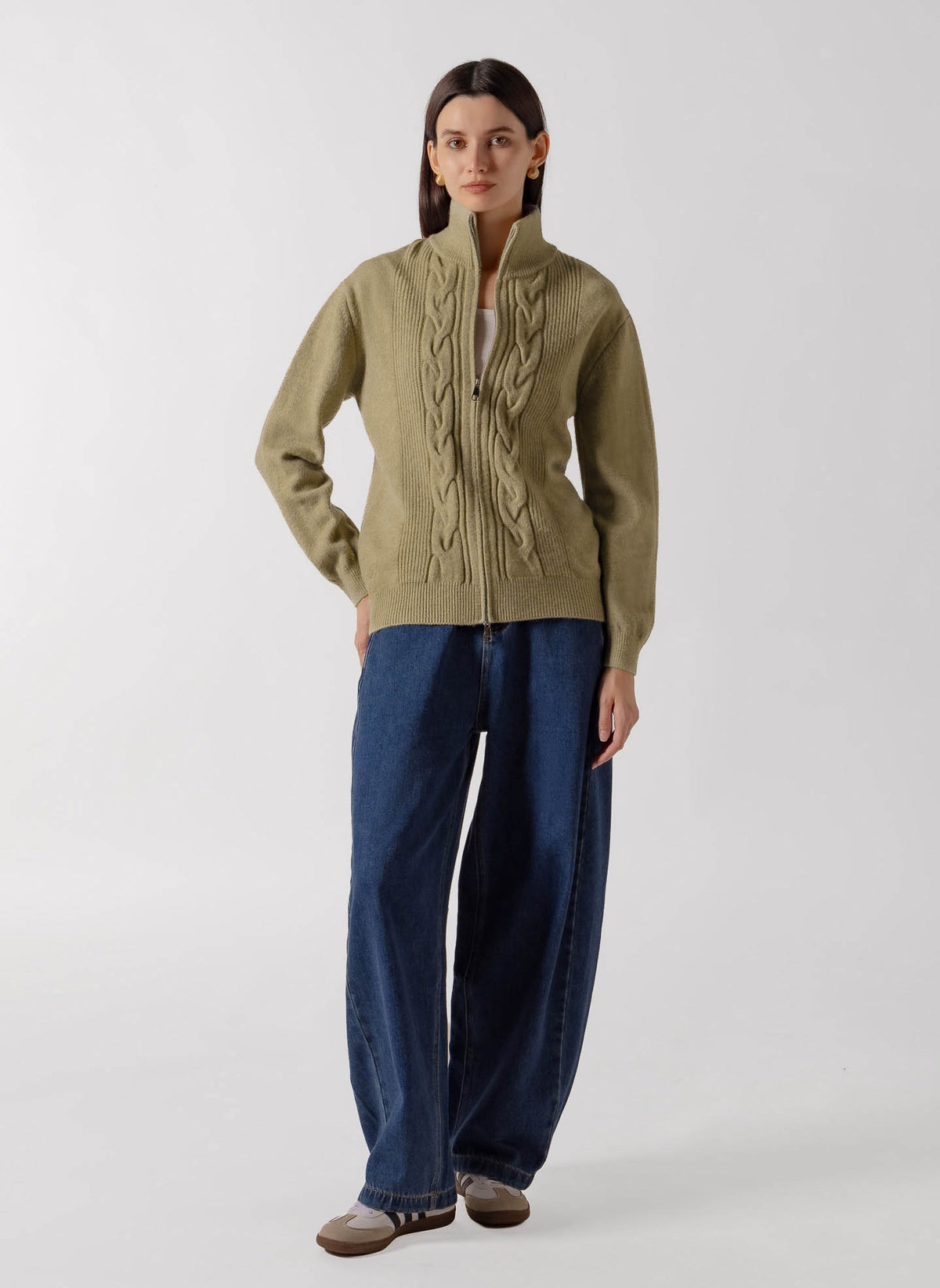 RIBBED CABLE ZIP CARDIGAN