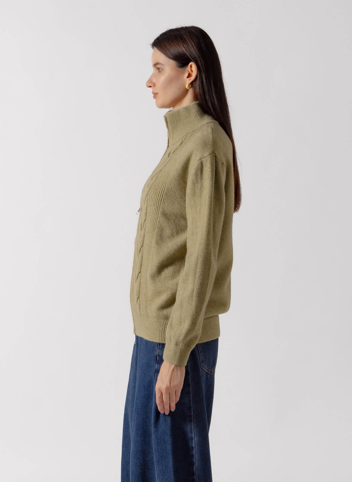 RIBBED CABLE ZIP CARDIGAN