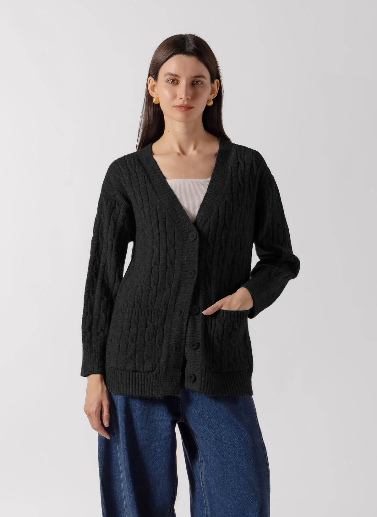 CABLE KNIT BUTTON FRONT CARDIGAN