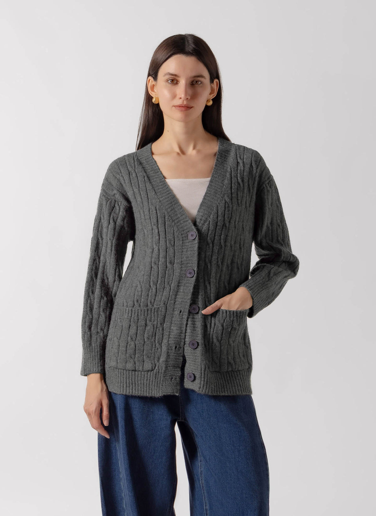 CABLE KNIT BUTTON FRONT CARDIGAN