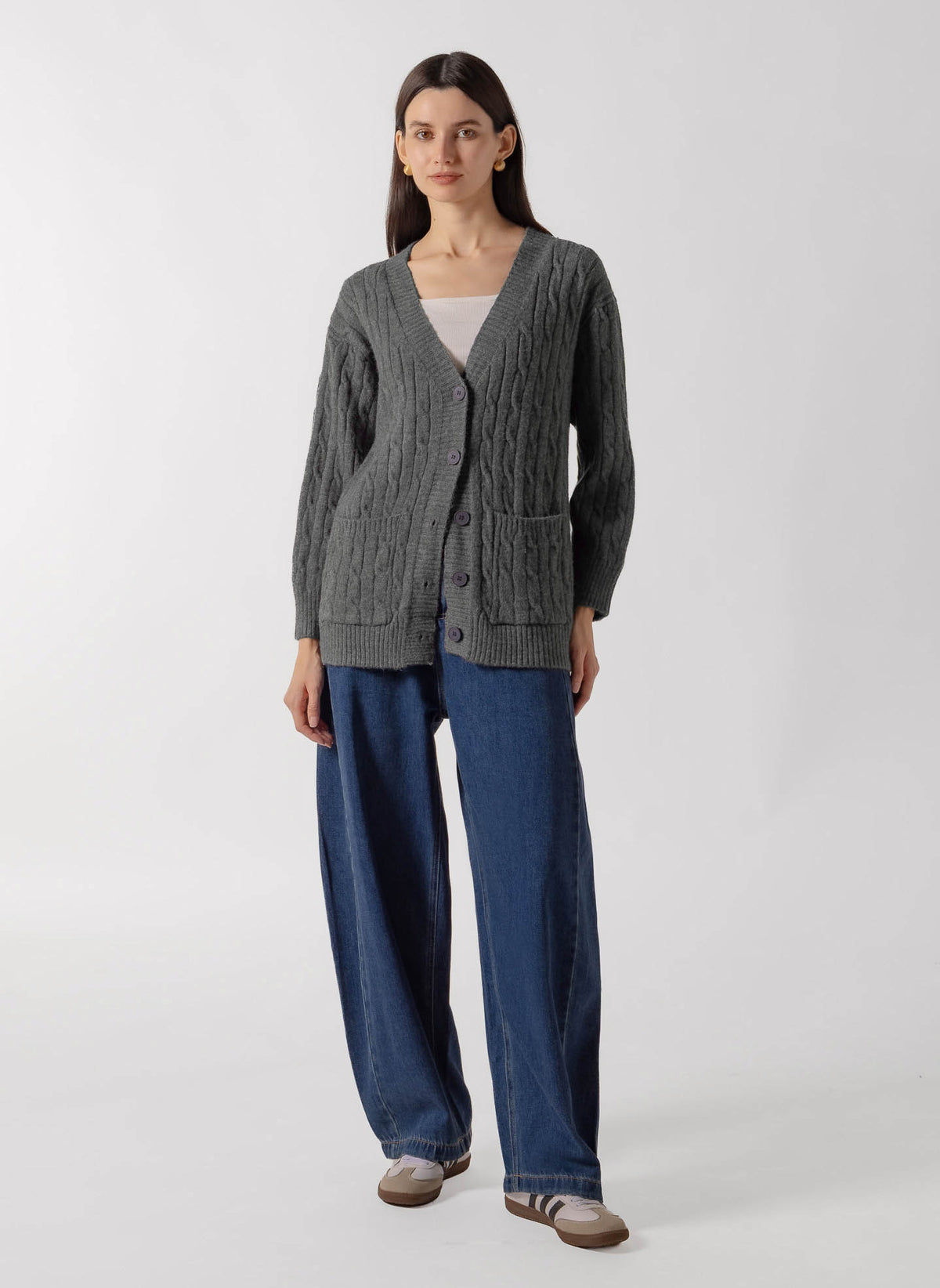 CABLE KNIT BUTTON FRONT CARDIGAN
