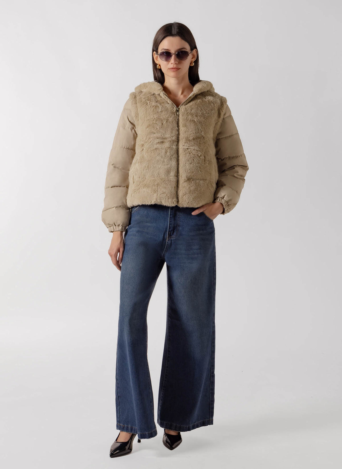 FAUX FUR PANEL PUFFER