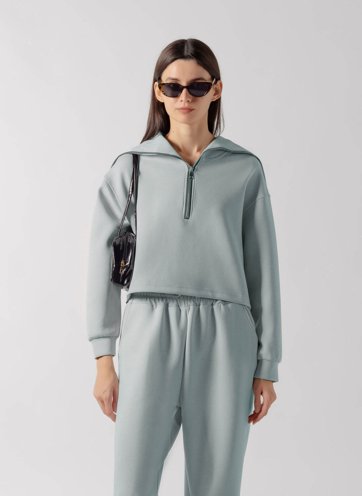 SOFT QUATER ZIP CROPPED SWEATSHIRT SET