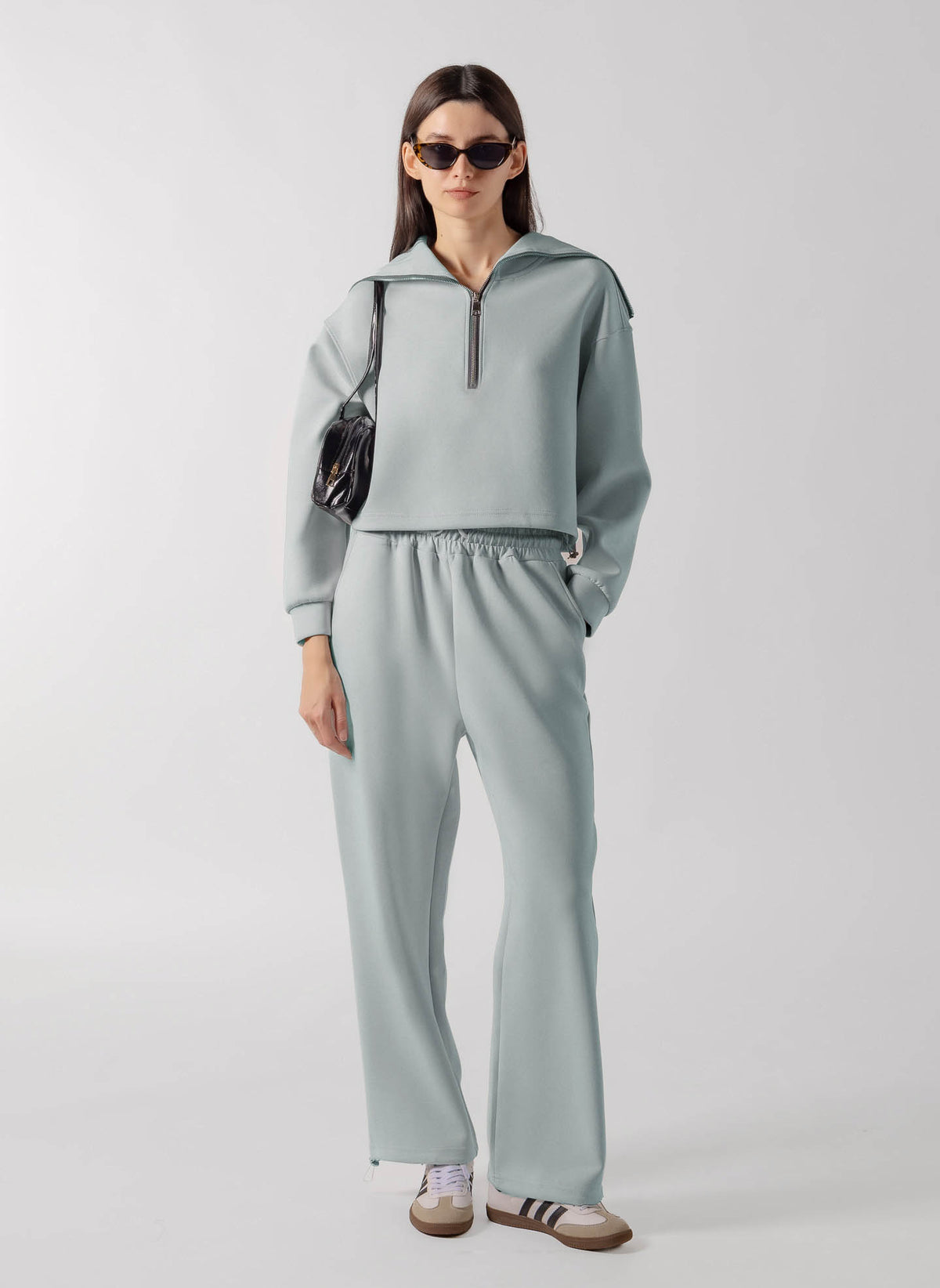 SOFT QUATER ZIP CROPPED SWEATSHIRT SET