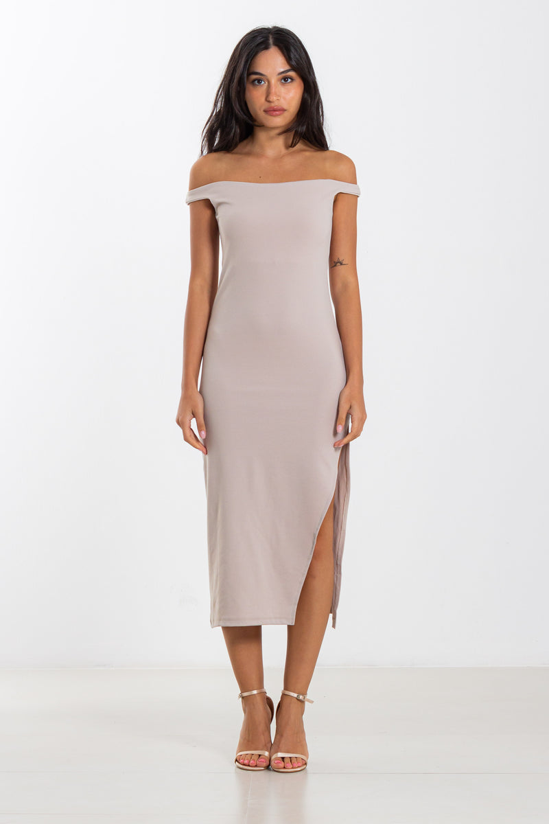 OFF THE SHOULDER FITTED DRESS
