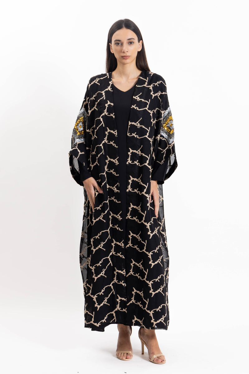 TEXTURED EMBROIDERED ABAYA WITH DRESS