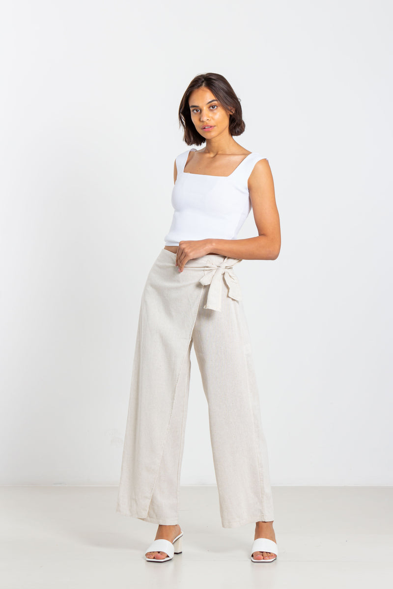 BELTED LINEN BLEND TROUSERS