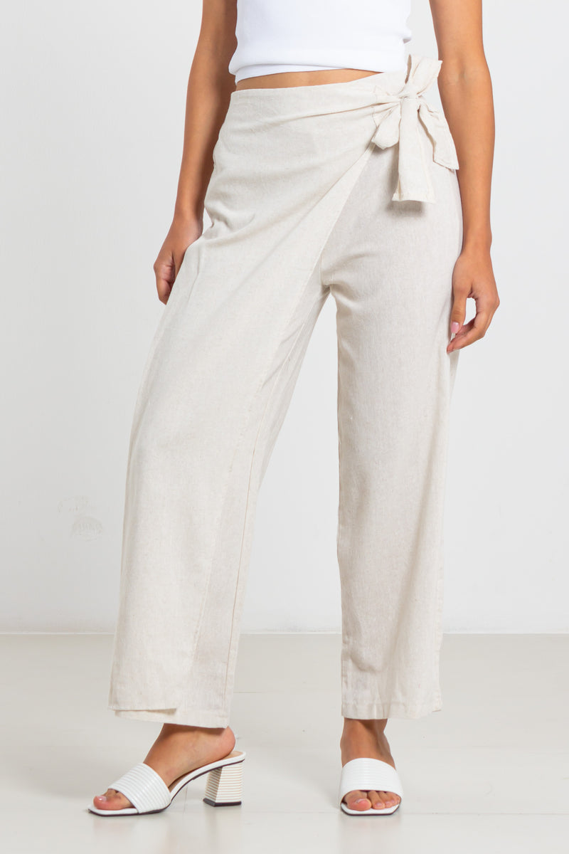 BELTED LINEN BLEND TROUSERS
