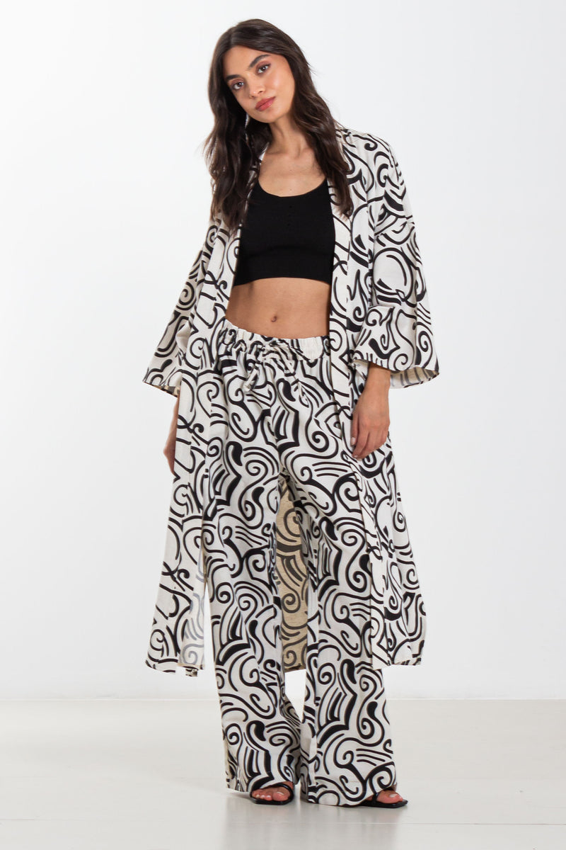 PRINTED LINEN BLEND KIMONO SET