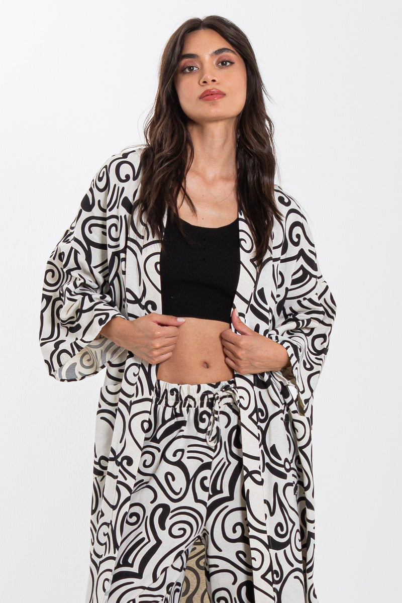 PRINTED LINEN BLEND KIMONO SET