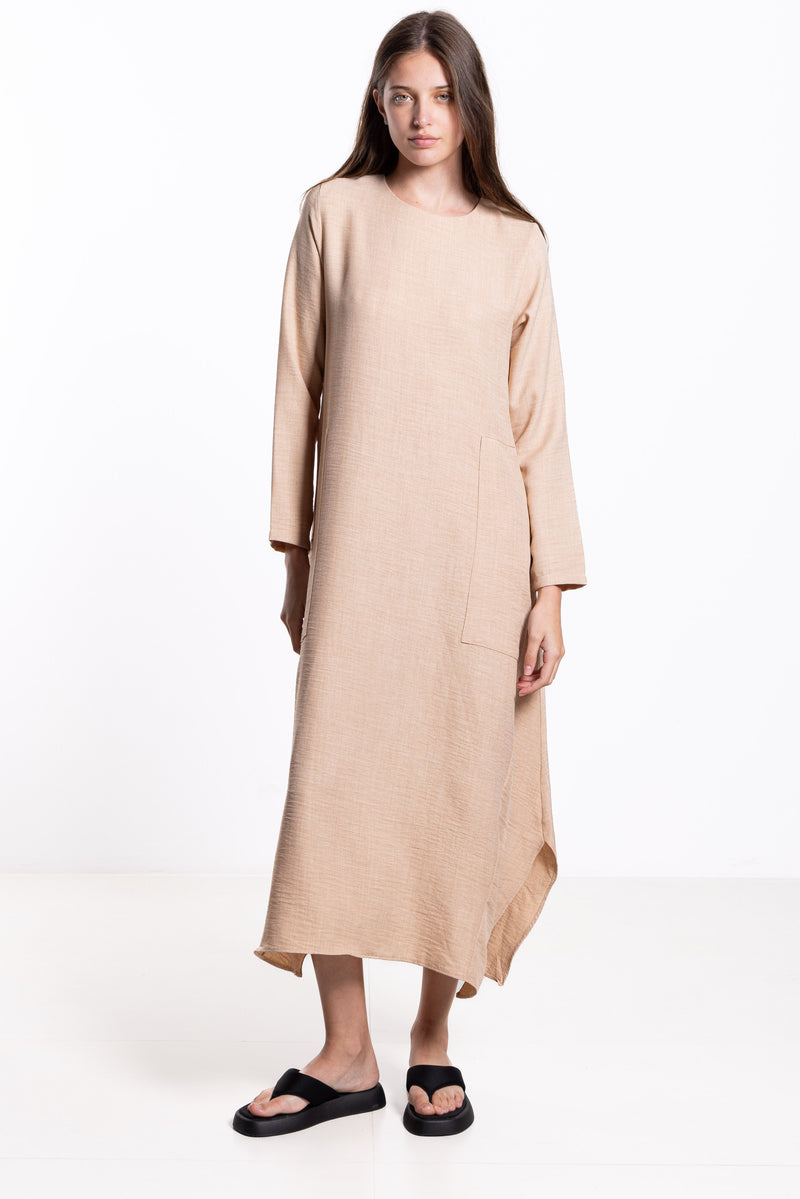 LINEN BLEND MIDI DRESS WITH POCKETS
