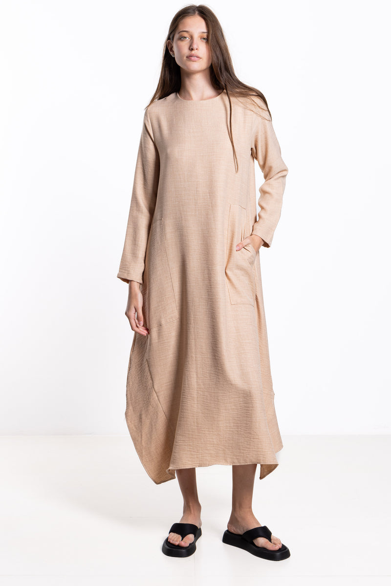 LINEN BLEND MIDI DRESS WITH POCKETS