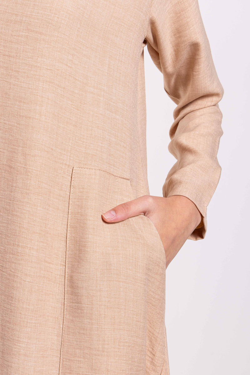 LINEN BLEND MIDI DRESS WITH POCKETS