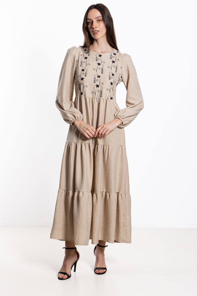 EMBROIDERED LINEN BLEND MAXI DRESS