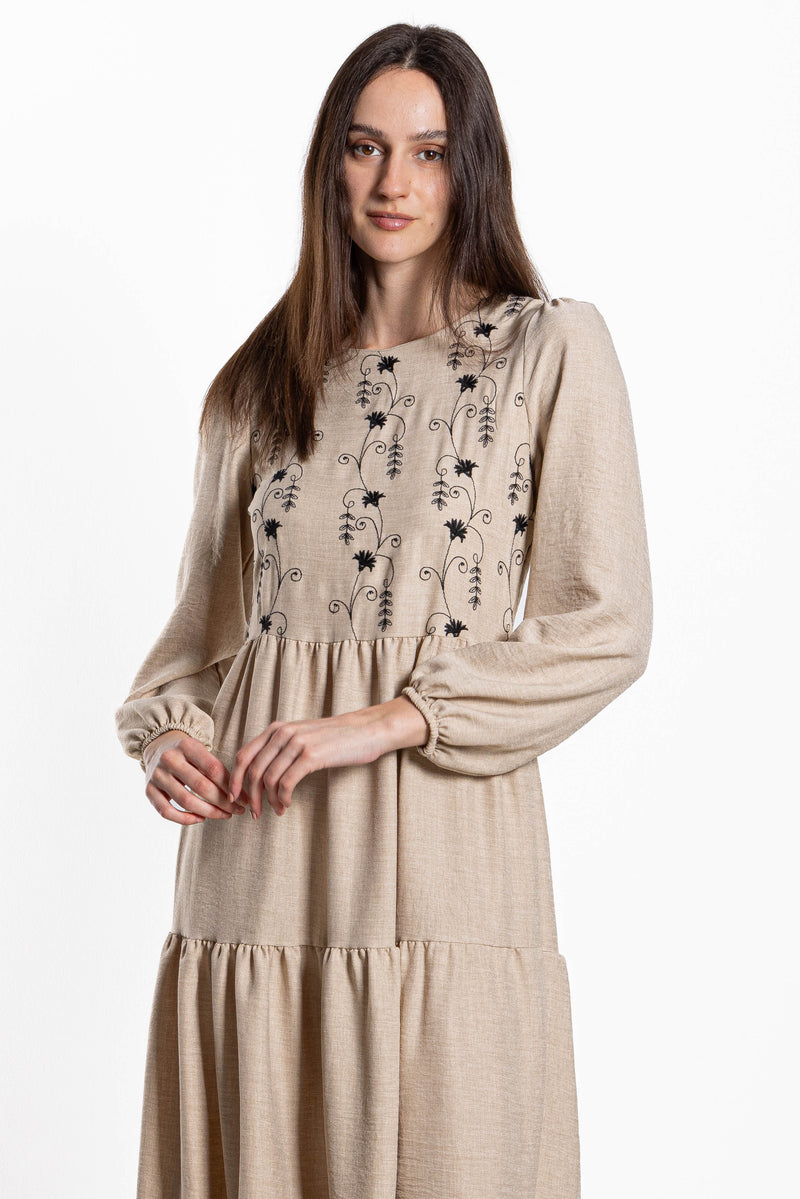 EMBROIDERED LINEN BLEND MAXI DRESS