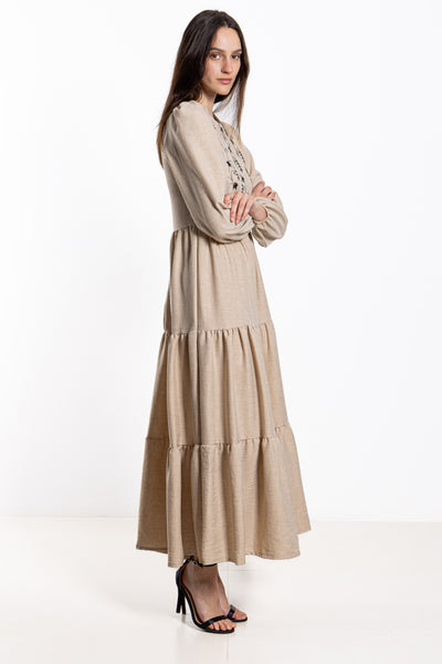 EMBROIDERED LINEN BLEND MAXI DRESS