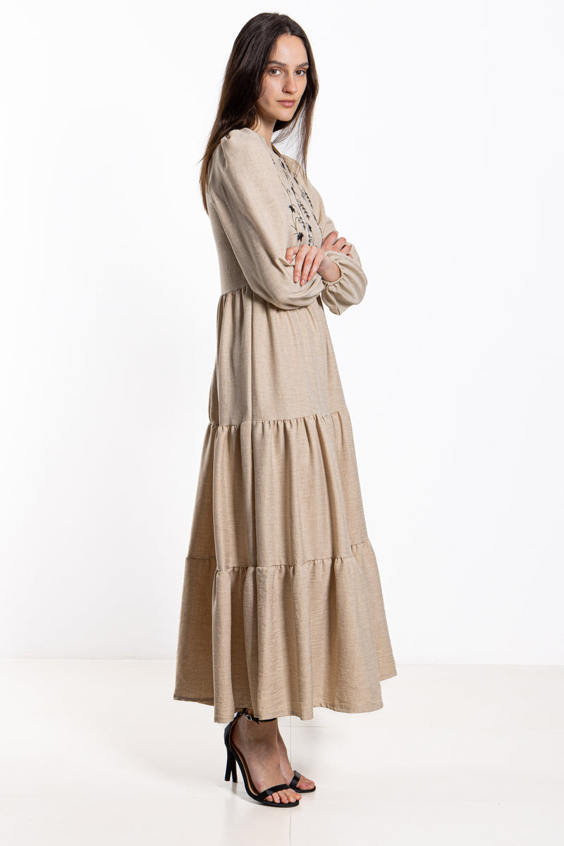 EMBROIDERED LINEN BLEND MAXI DRESS