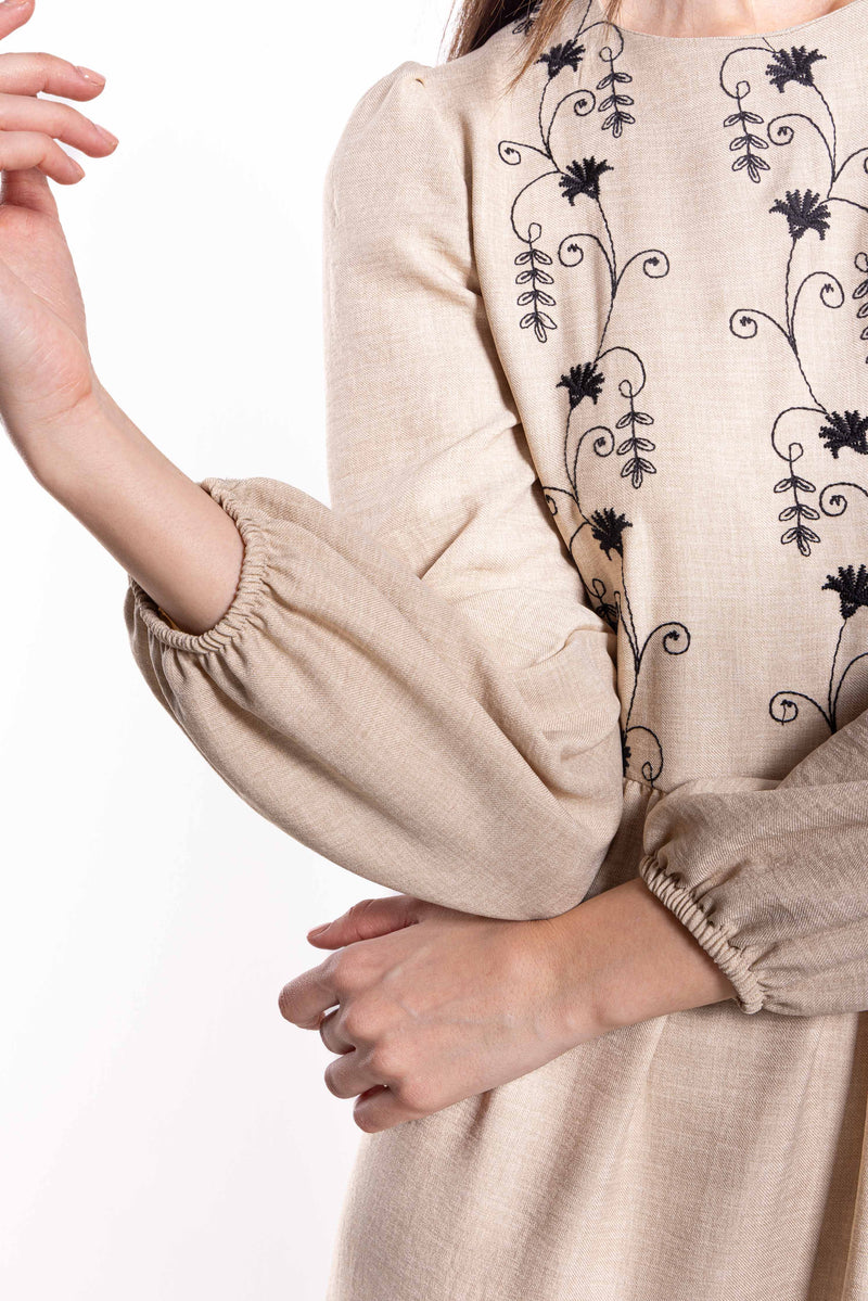 EMBROIDERED LINEN BLEND MAXI DRESS