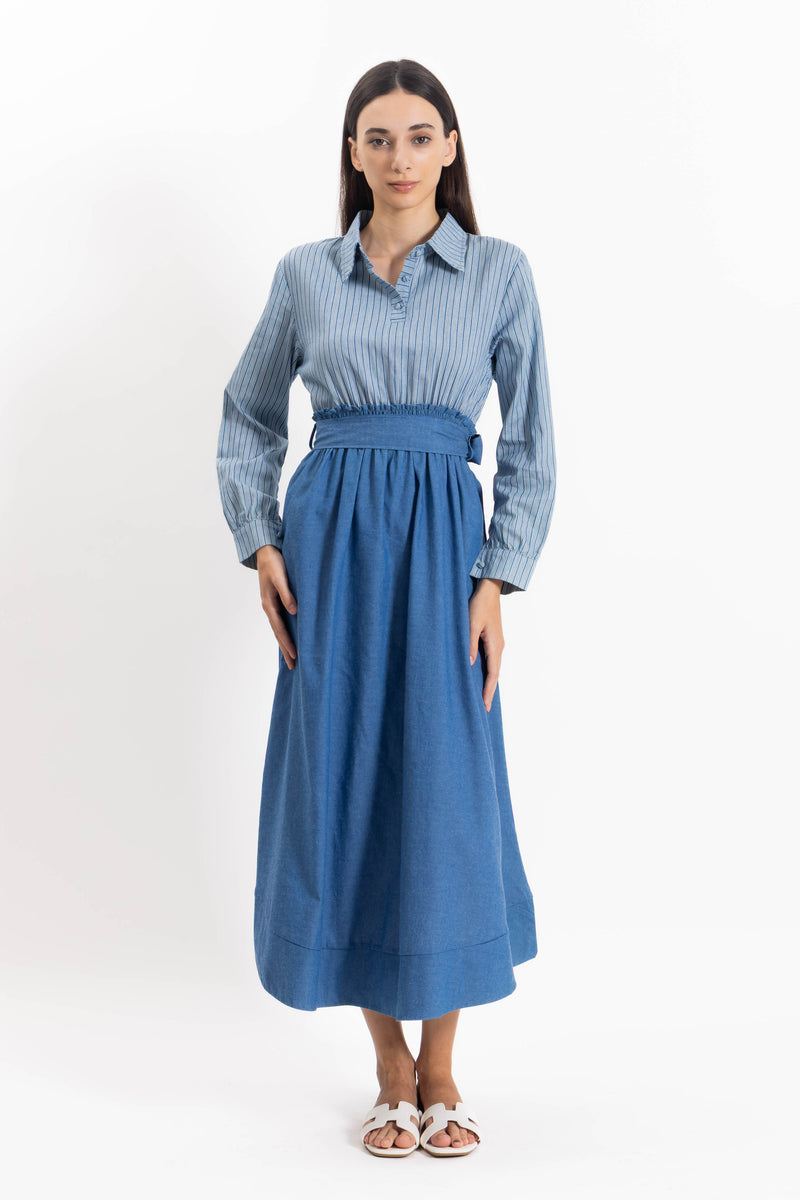 CONTRAST DENIM MIDI DRESS