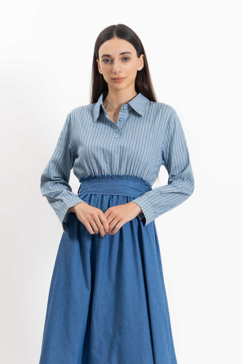 CONTRAST DENIM MIDI DRESS