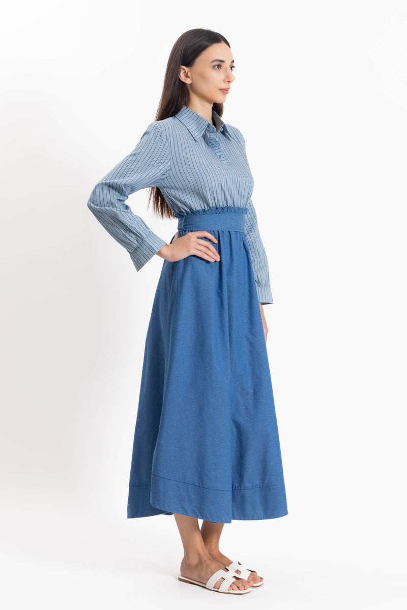 CONTRAST DENIM MIDI DRESS