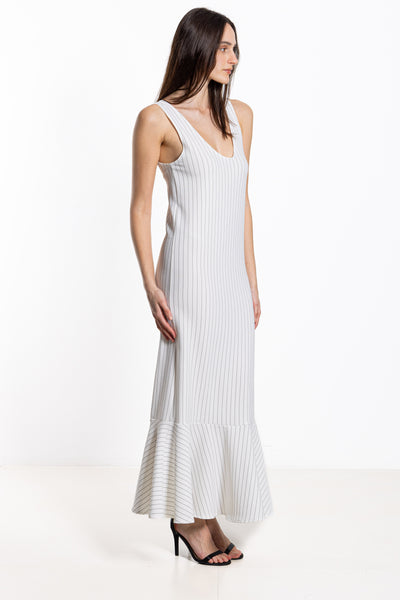 PINSTRIPED FITTED MAXI DRESS