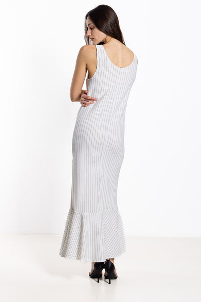 PINSTRIPED FITTED MAXI DRESS