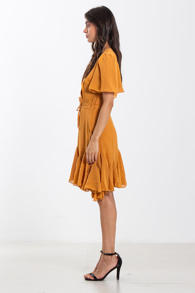 LINEN BLEND DETAILED WAIST DRESS