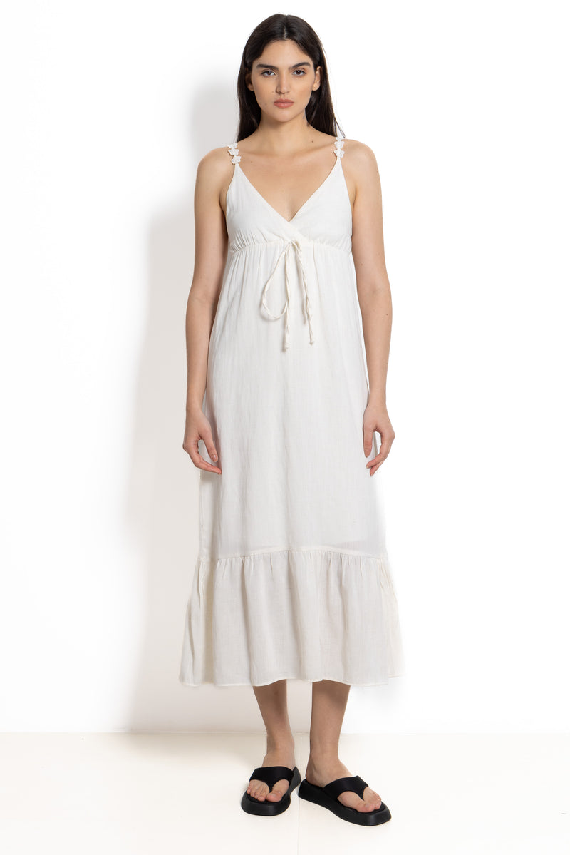 DETAILED LINEN BLEND MIDI DRESS