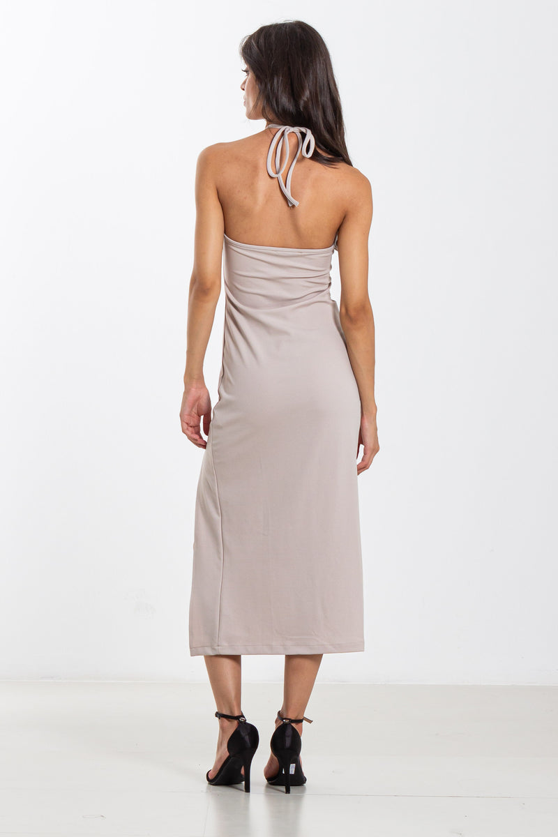 DETAILED HALTER NECK MIDI DRESS