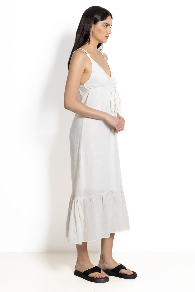 DETAILED LINEN BLEND MIDI DRESS