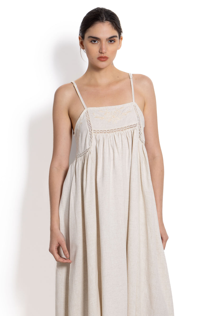 DETAILED LINEN BLEND MAXI DRESS