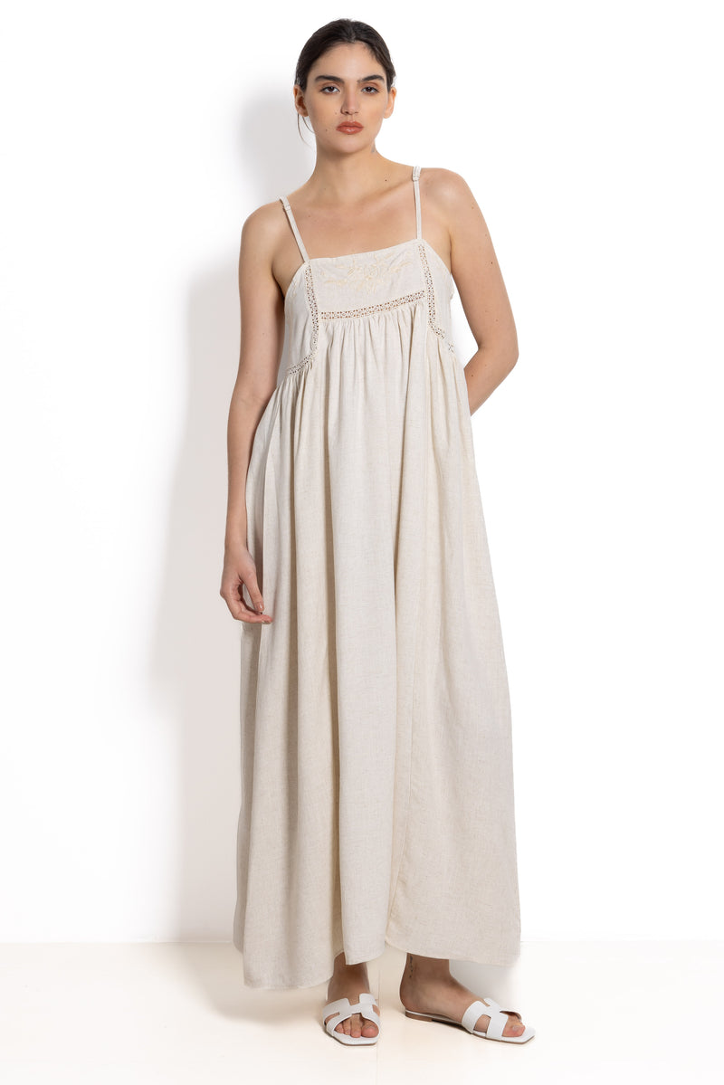 DETAILED LINEN BLEND MAXI DRESS