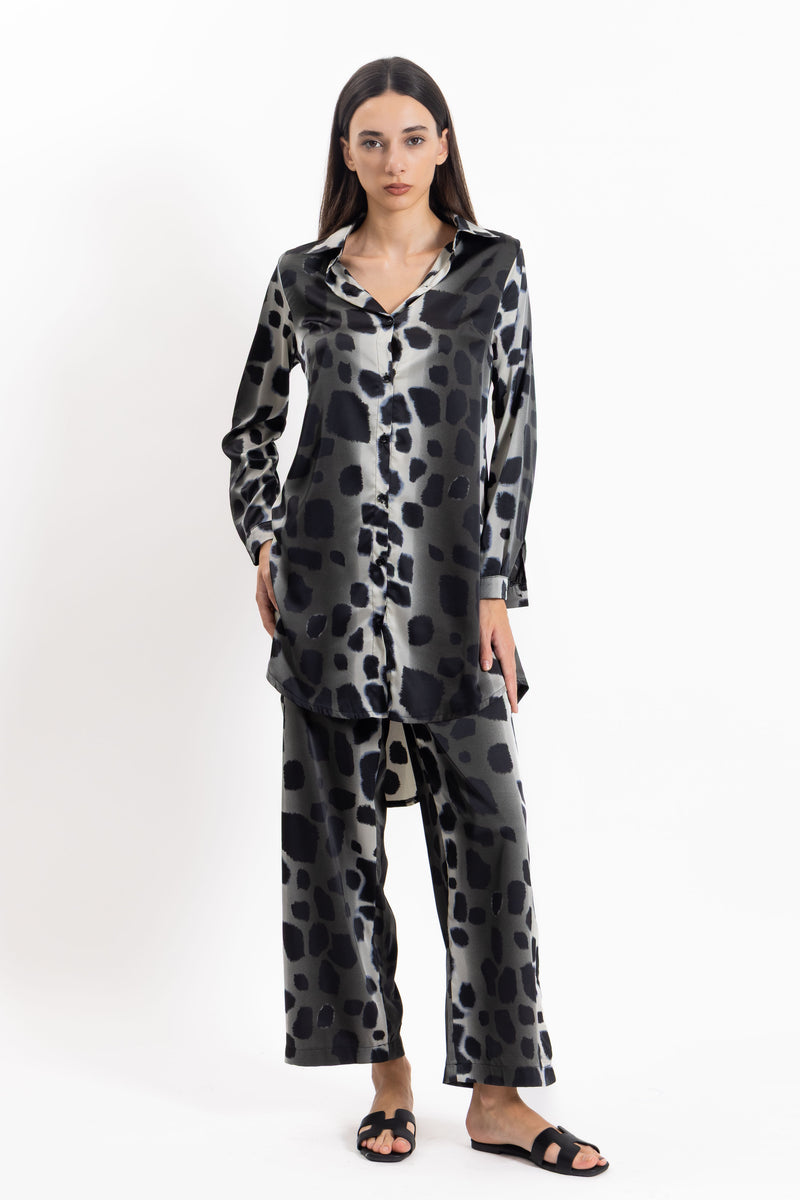 ANIMAL PRINT SATIN SHIRT SET
