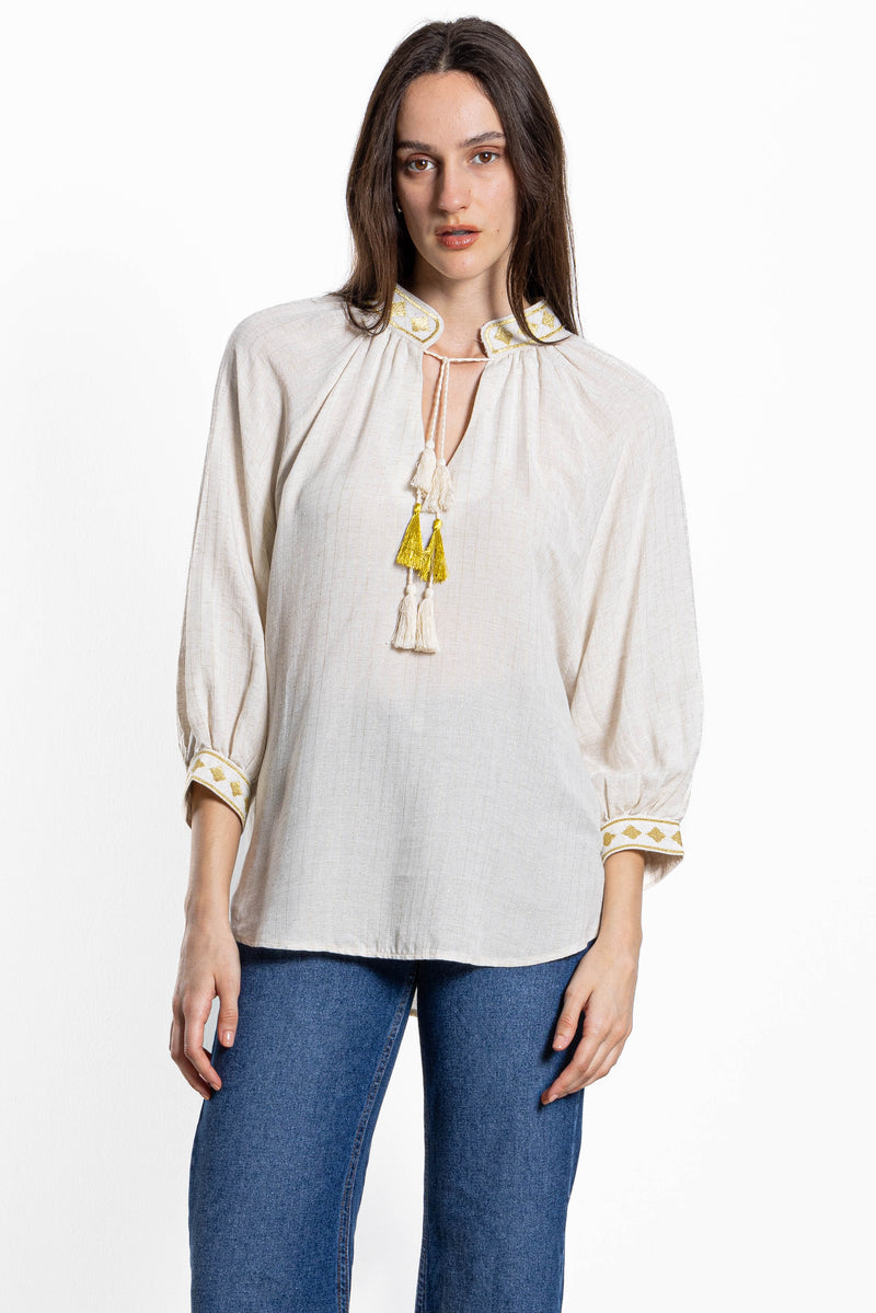 LINEN BLEND DETAILED BLOUSE