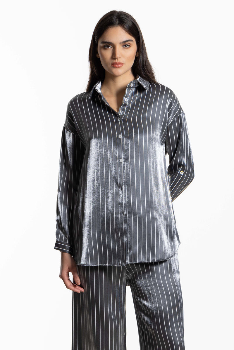 STRIPED SATIN SHIRT SET