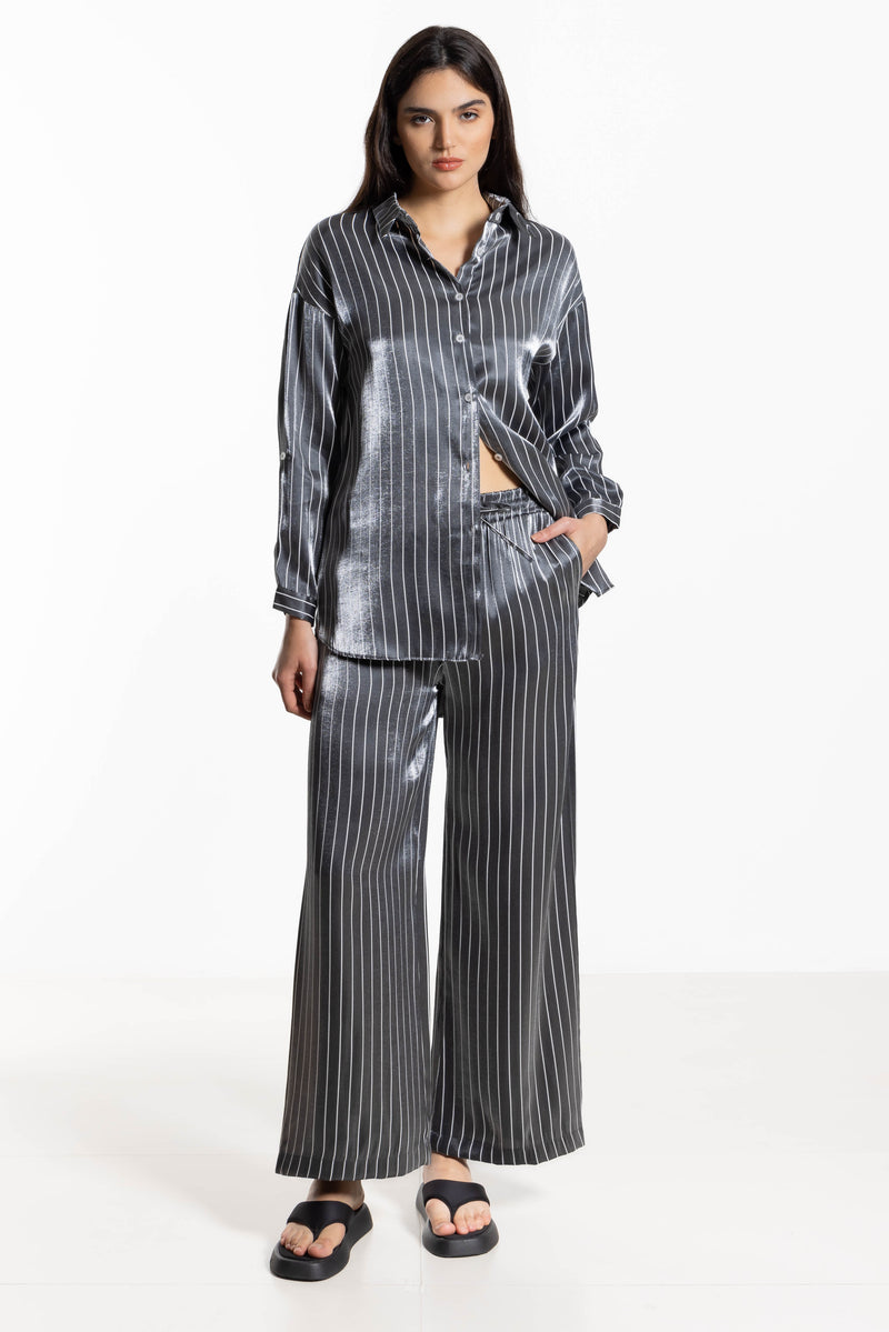 STRIPED SATIN SHIRT SET