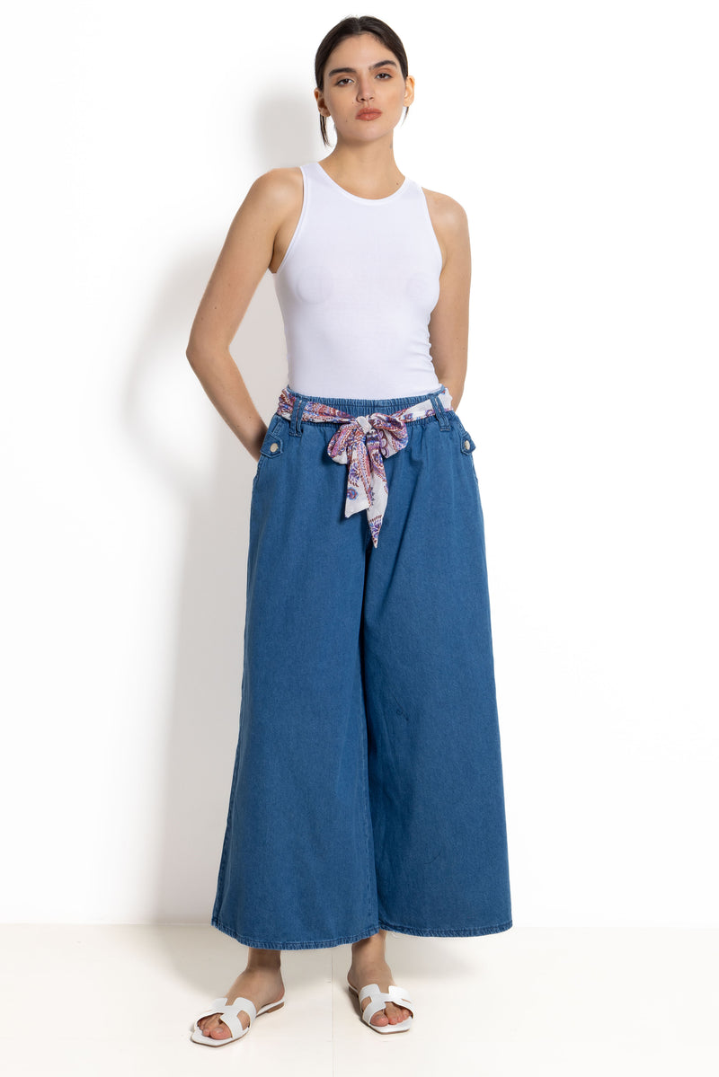 FLOWY WIDE-LEG DENIM TROUSERS