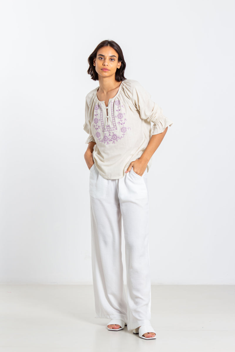 LINEN BLEND EMBROIDERED BLOUSE