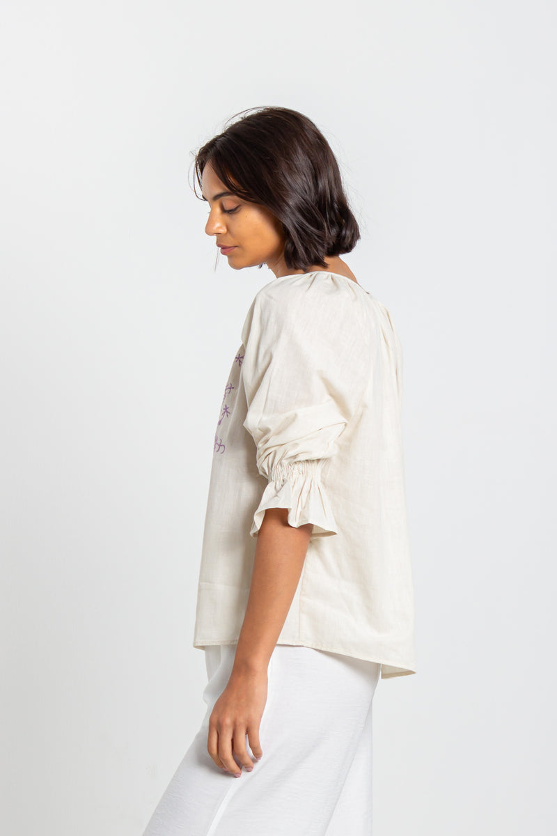 LINEN BLEND EMBROIDERED BLOUSE