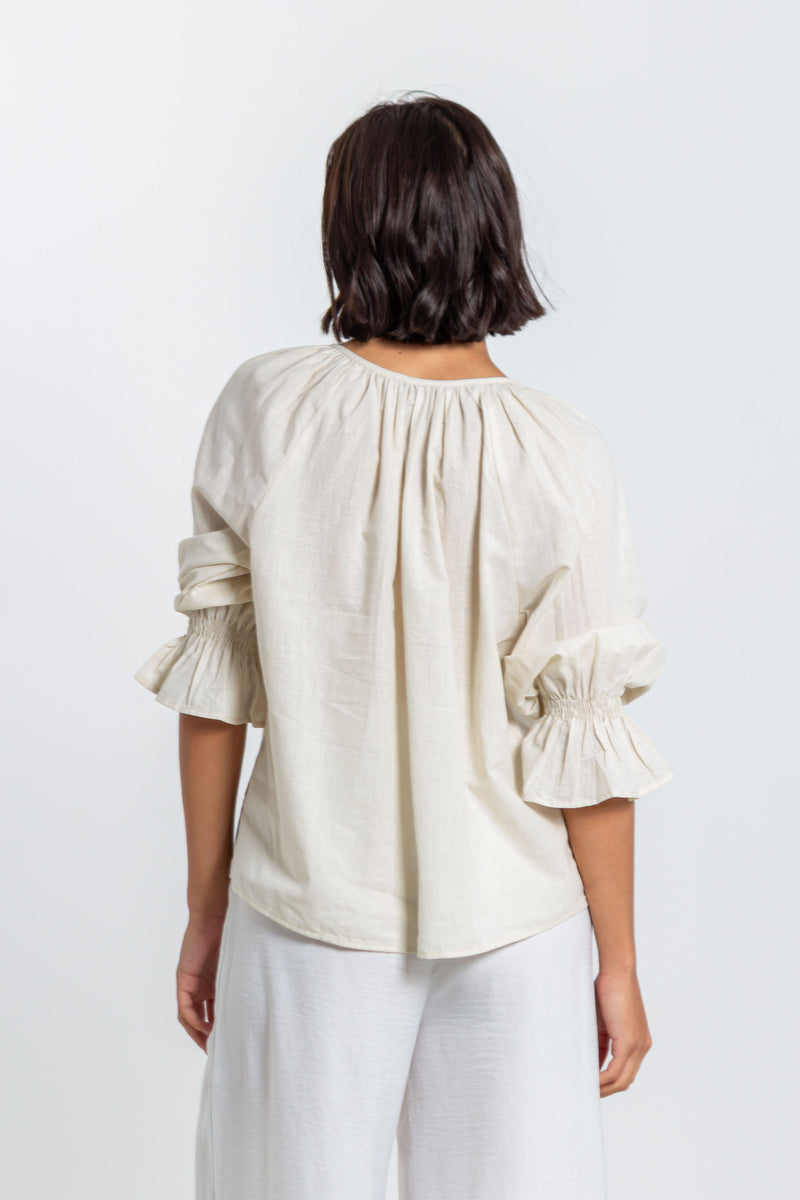 LINEN BLEND EMBROIDERED BLOUSE