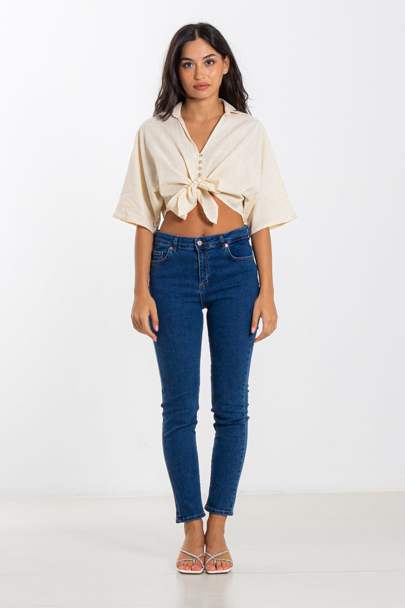 LINEN BLEND DETAILED CROP TOP