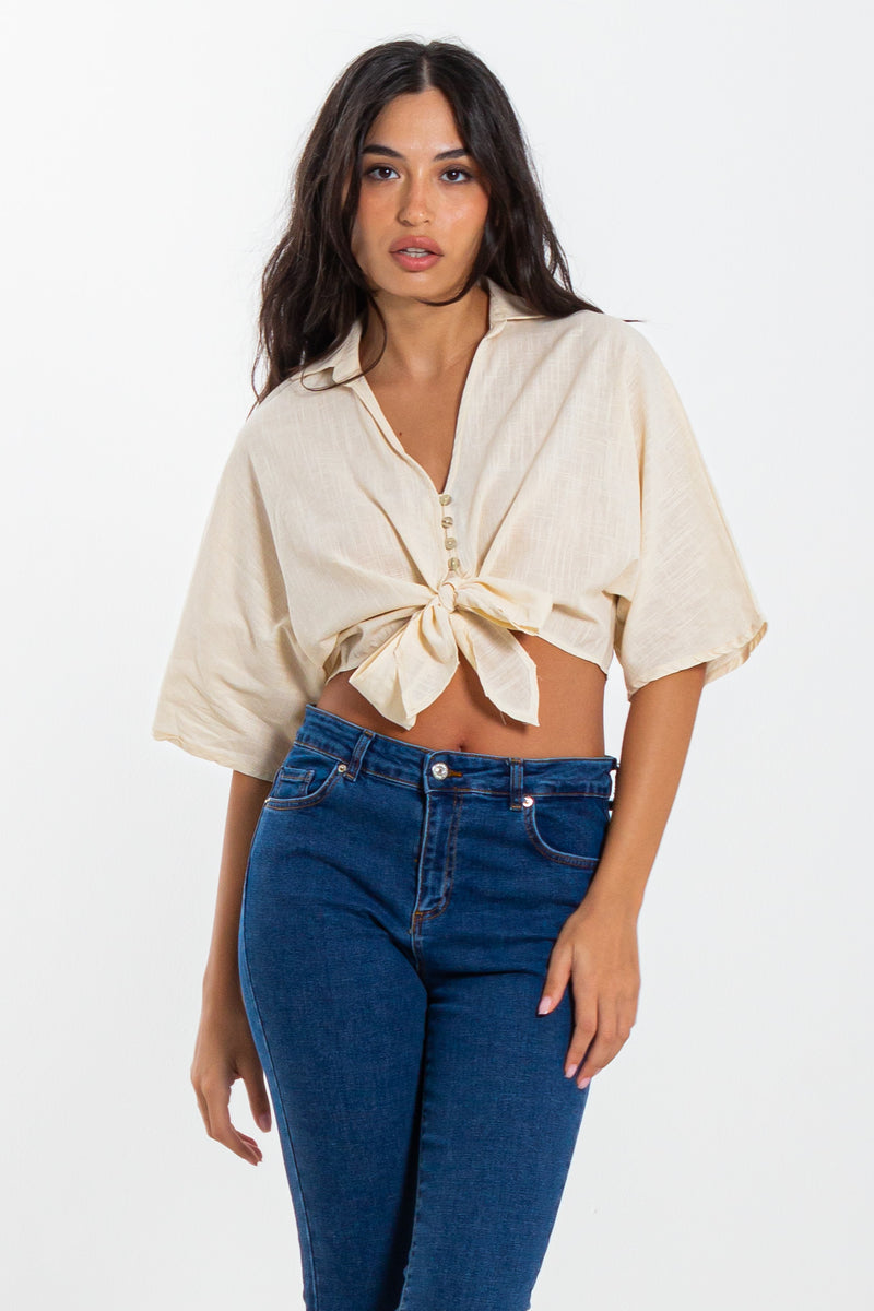 LINEN BLEND DETAILED CROP TOP