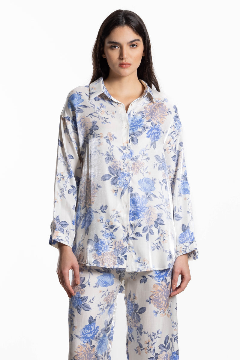 FLORAL PRINTED SATIN SHIRT SET